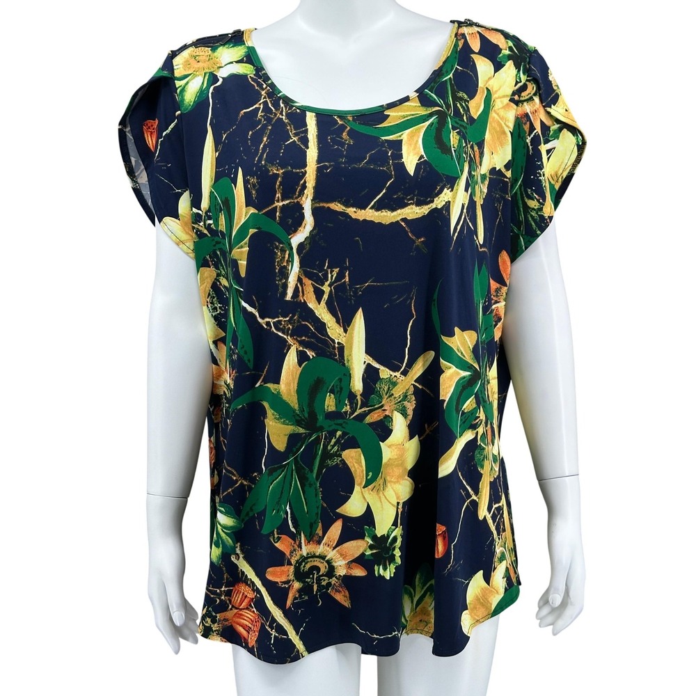 Kate & Mallory Top Womens 1X Navy Yellow Dark Floral Short Sleeve Office Stretch